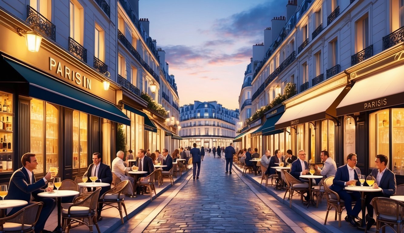 Parisian street scene with restaurants, people dining, and cobblestone road at dusk