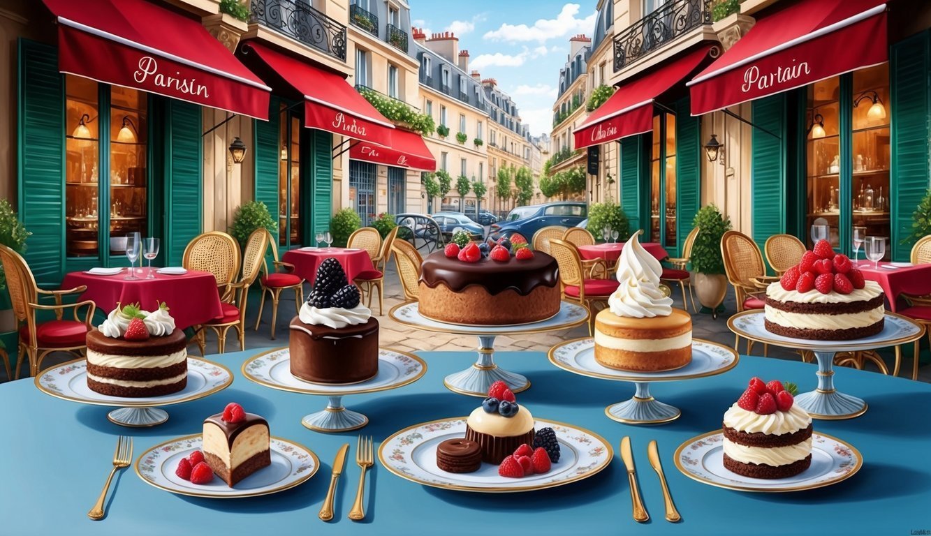 Cakes on a table in front of a Parisian cafe