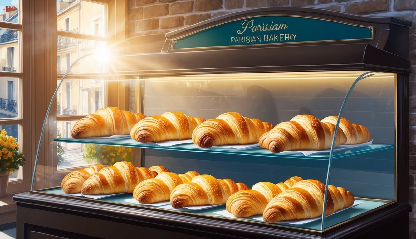 Display case filled with golden croissants in a Parisian bakery