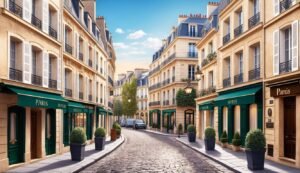 Cobblestone street in Paris lined with buildings and shops