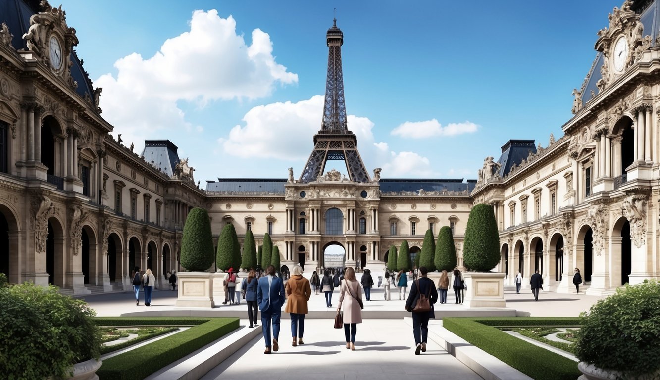 People walking towards the Eiffel Tower through a courtyard in Paris