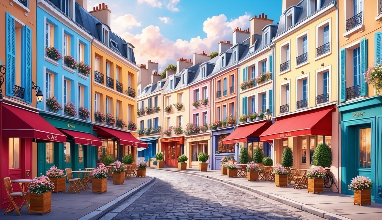 Colorful European street with cafes, cobblestone road, and flower boxes
