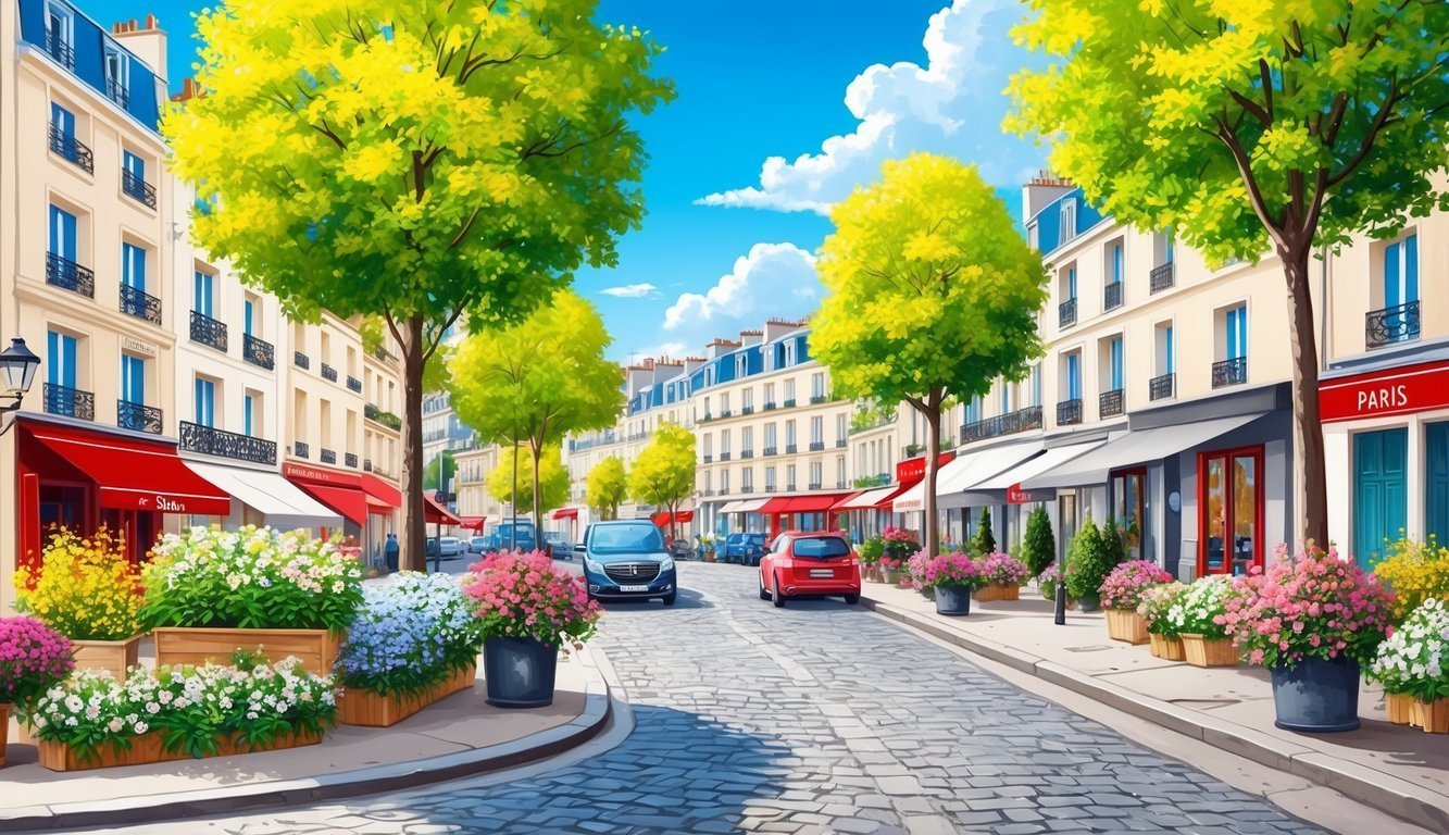 Parisian street scene with cobblestone road, trees, buildings, and flower boxes