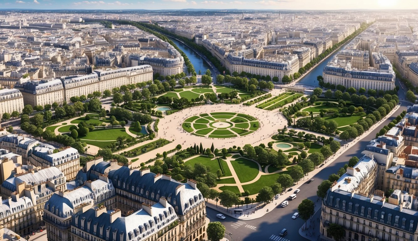 Aerial view of a Parisian park with a circular design and buildings