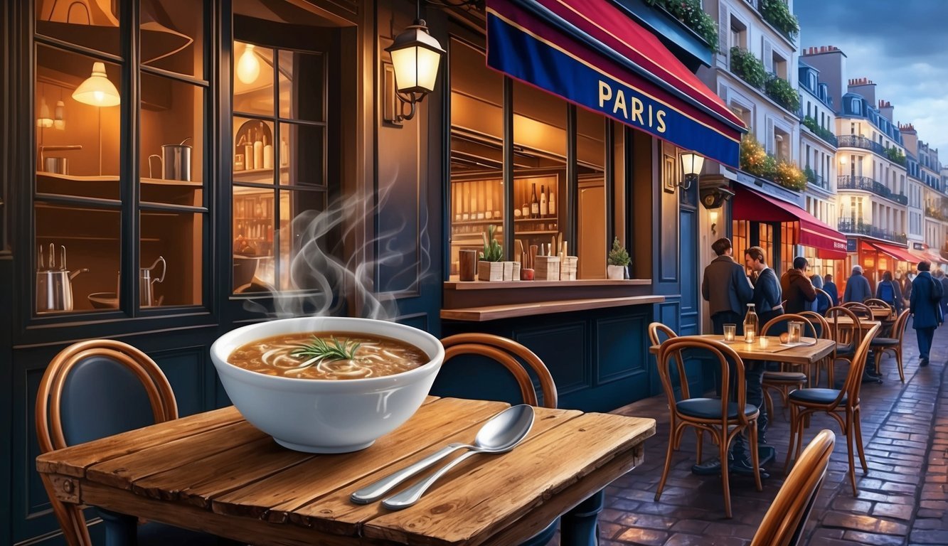 Steaming bowl of soup on a table at a Paris cafe