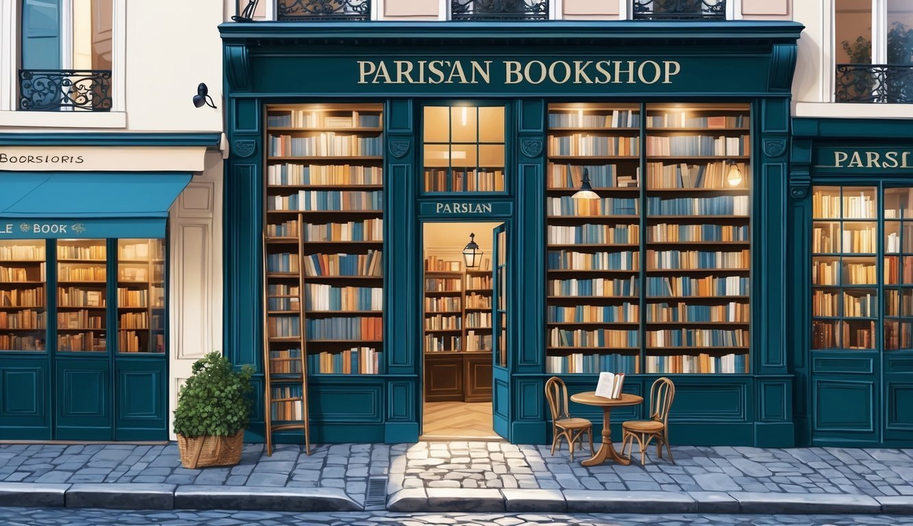 A Parisian bookshop with shelves of books, small table, and chairs outside