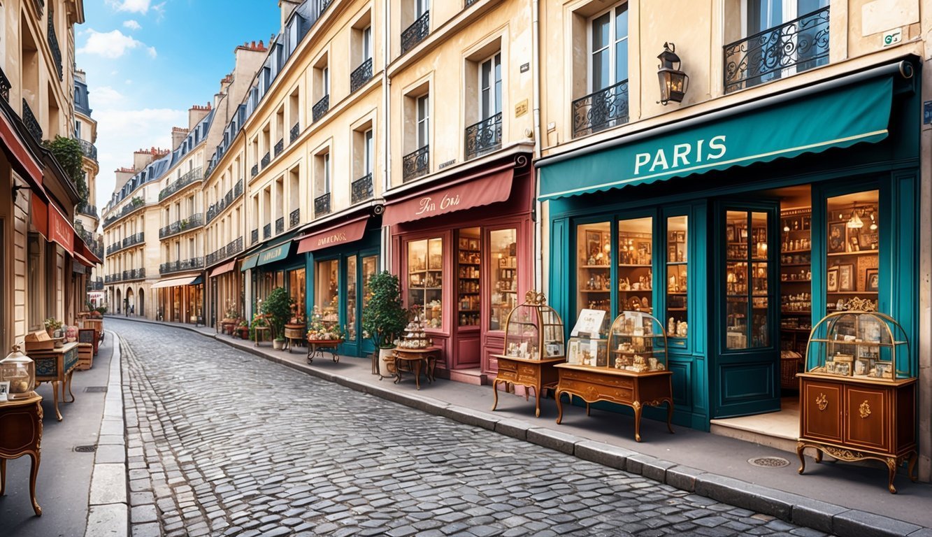 Cobblestone street in Paris with shops and awnings, sunny day