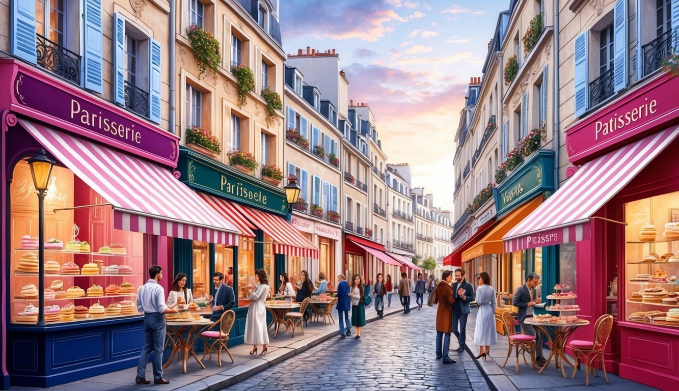 Parisian street scene with patisseries, people, and cobblestone road