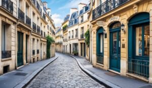Cobblestone street in Paris, lined with buildings and teal doors