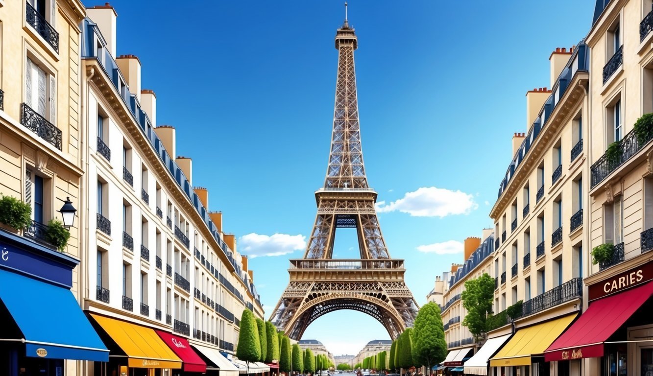 Eiffel Tower centered on a Parisian street lined with shops and buildings
