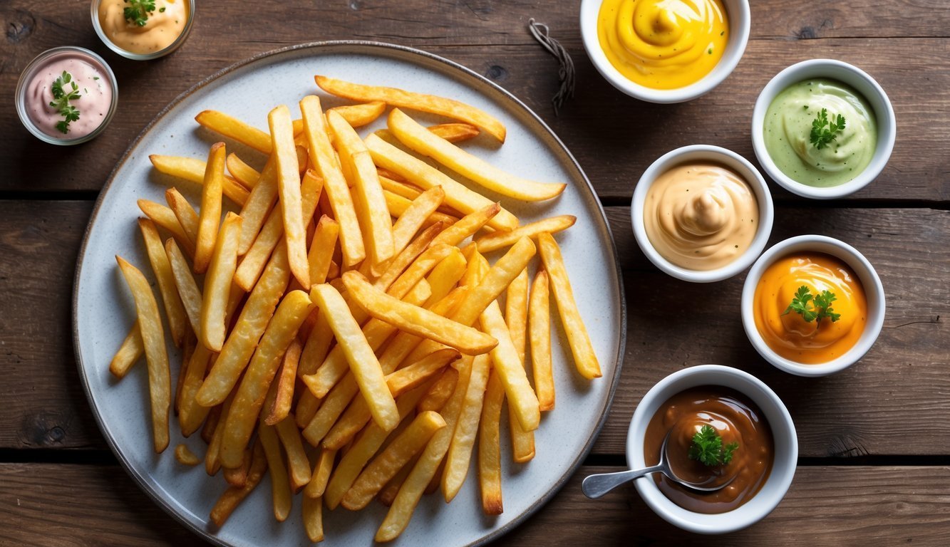 Plate of french fries with various dipping sauces on a wooden table