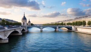 Parisian bridge over the Seine River with buildings and blue sky