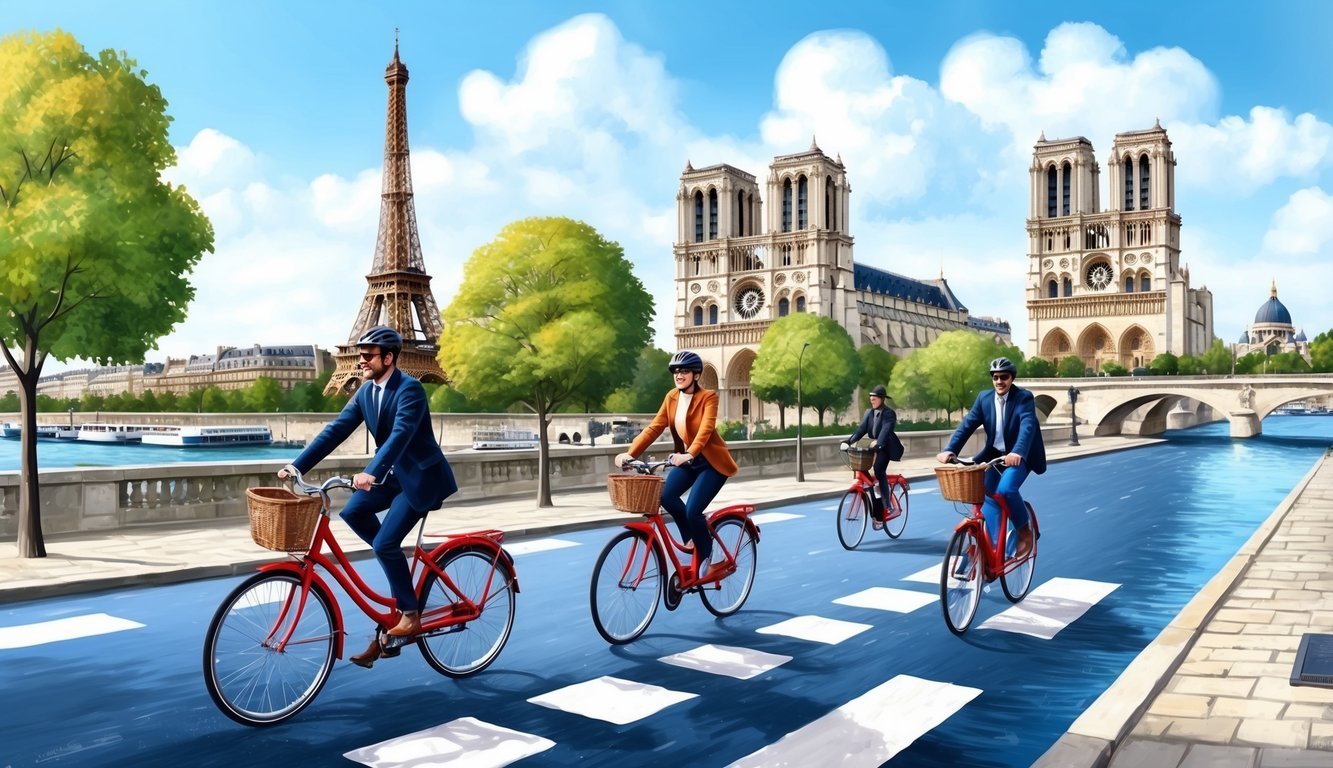People biking in Paris with the Eiffel Tower and Notre Dame in view