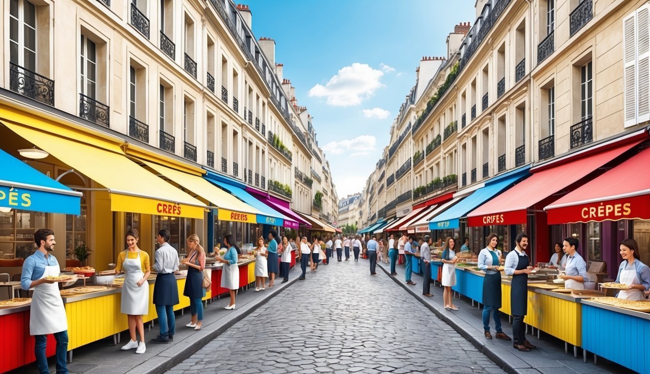 Street lined with colorful crepe stands and people in Paris, France