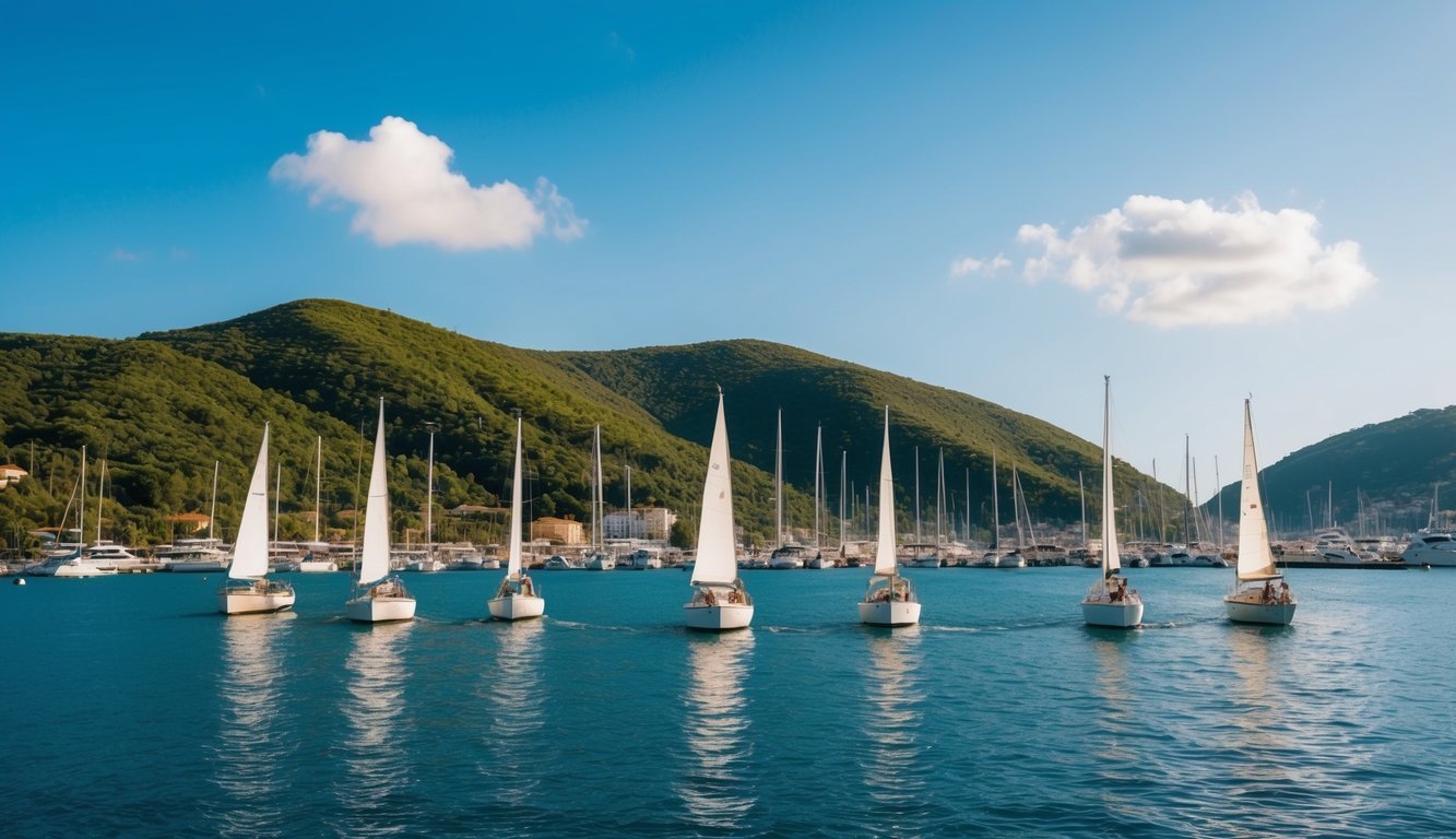 Sailboats on blue water with green hills in the background under a blue sky