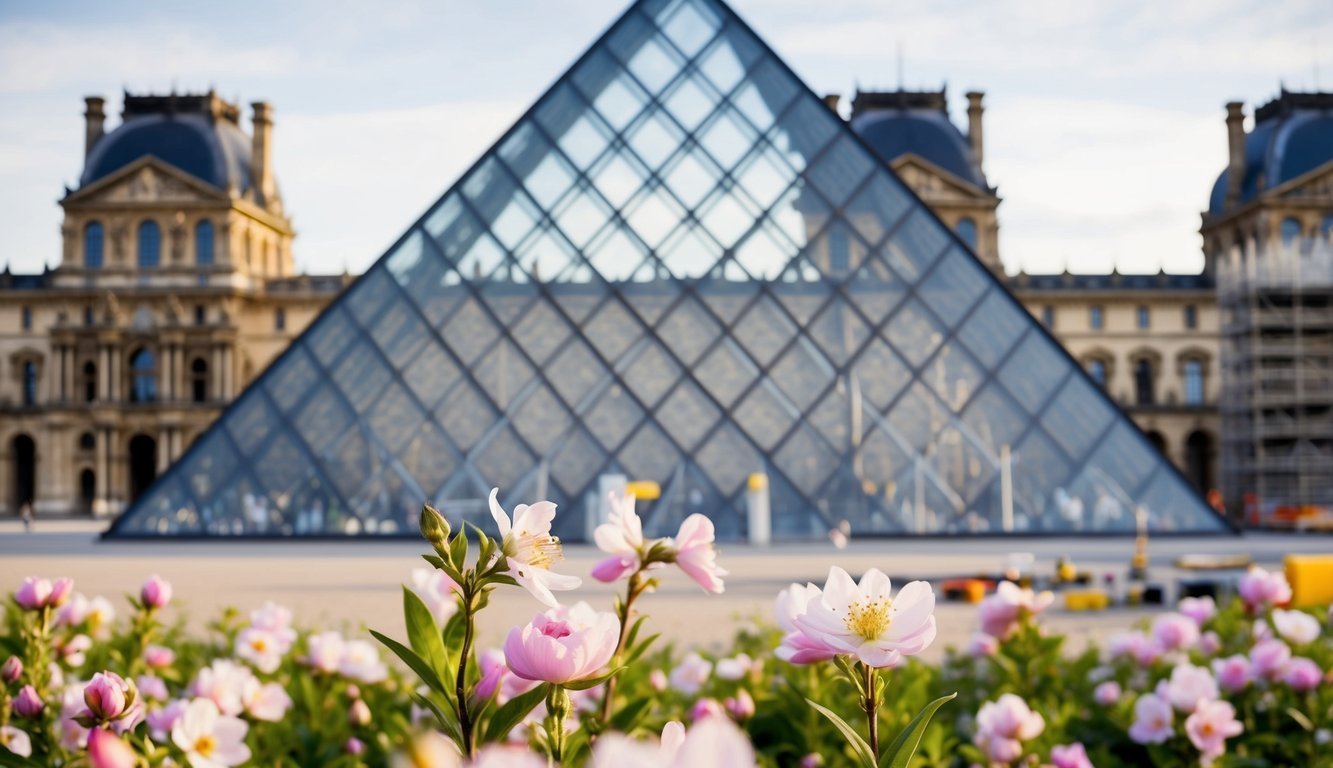 Louvre Pyramid with flowers in foreground, Paris, France