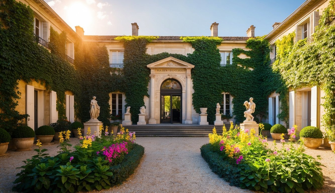 Courtyard of a grand building with statues, flowers, and ivy-covered walls