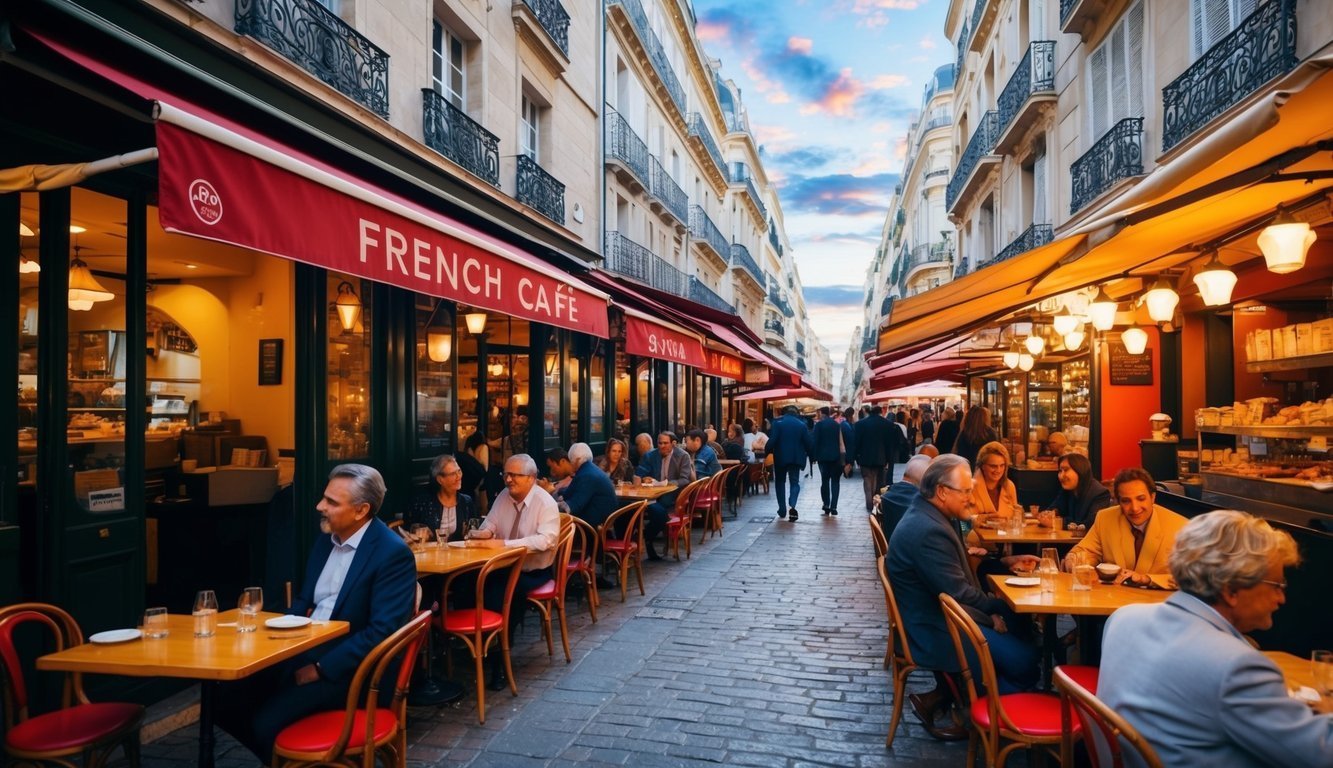 French cafe with red awnings, people dining, cobblestone street, and European architecture