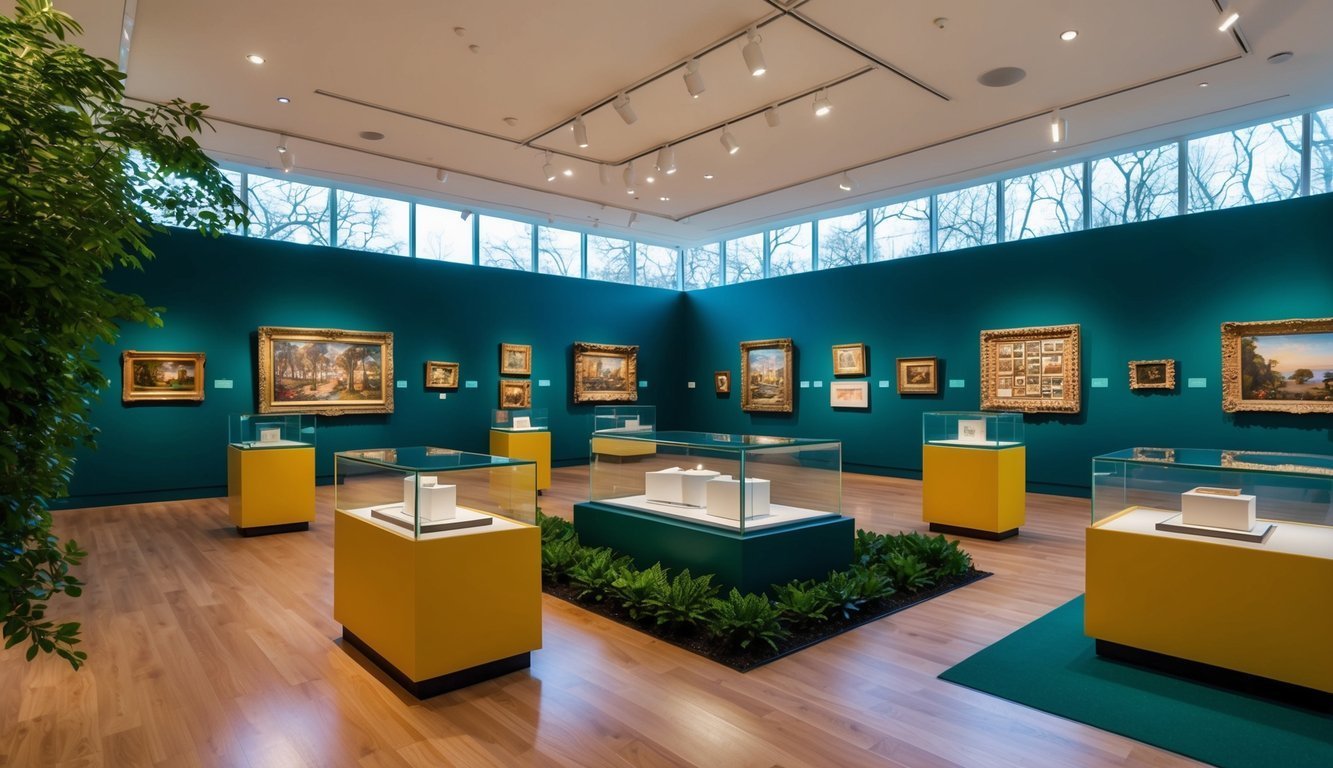 Art gallery with paintings on teal walls, display cases, and plants