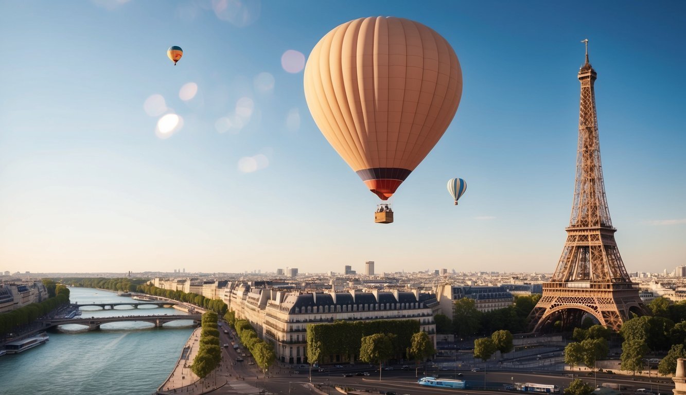 Hot air balloons over Paris with the Eiffel Tower in the background
